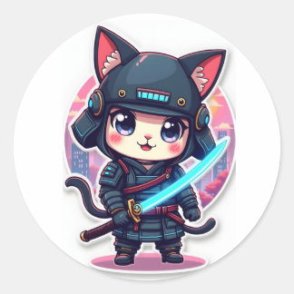 Un lindo cibersamurai, un gato Pegatina de anime p