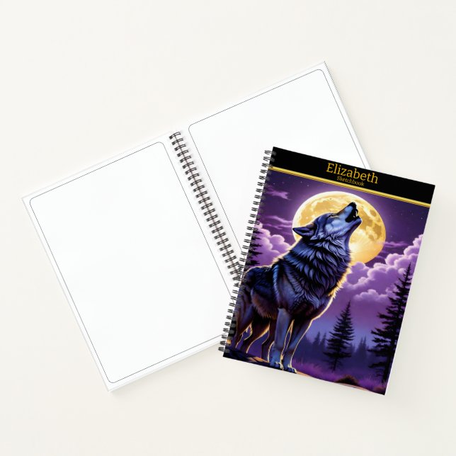 Un lobo aullando en la luna llena en un cuaderno d (Interior)