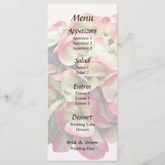 Un menú de boda de Hortensia rosa y blanca (Anverso)