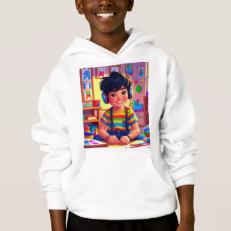 Un niño con una camisa a rayas y auriculares