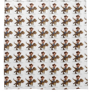 Un niño montando una cortina de ducha T-Rex