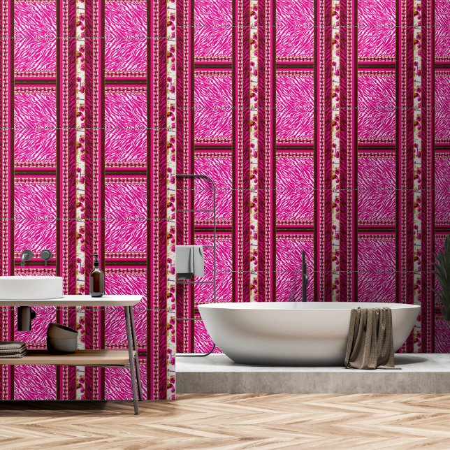 un papel pintado rosa y blanco con una cruz (Baño)