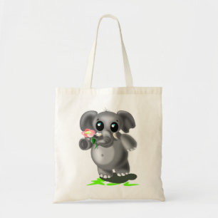 Un pequeño elefante con bolsa de flores