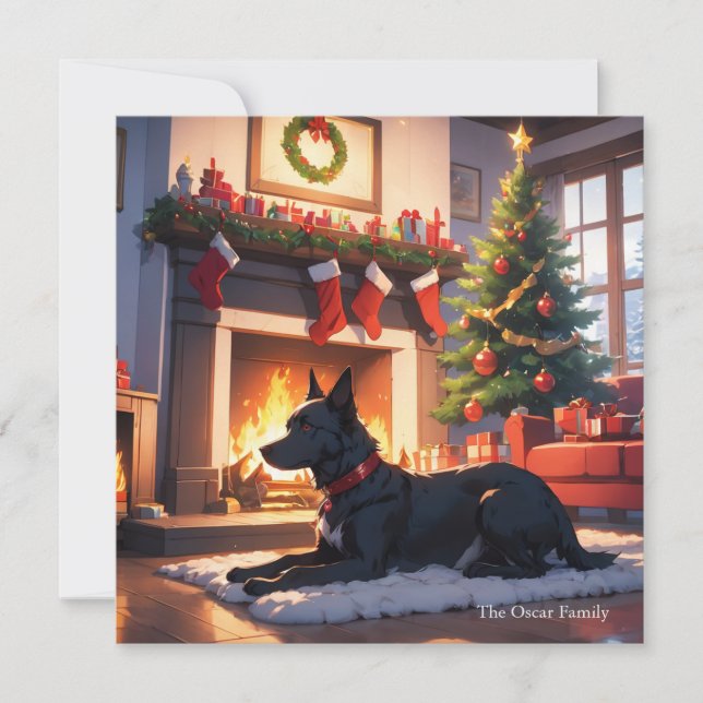 Un perro con un árbol de Navidad y chimenea (Anverso)