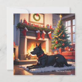 Un perro con un árbol de Navidad y chimenea