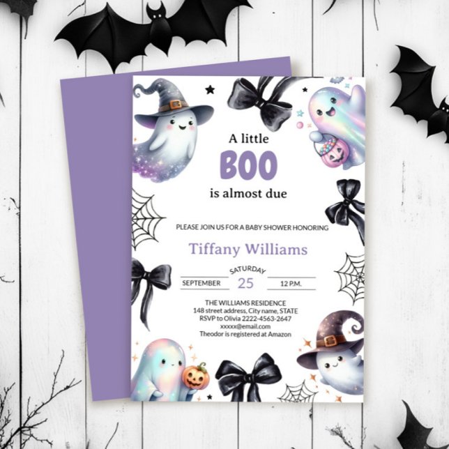 Un poco de invitación a Baby Shower | Fantasma Cut (Pastel ghost baby shower invite with bows and cobwebs — cute spooky “A Little Boo” theme)