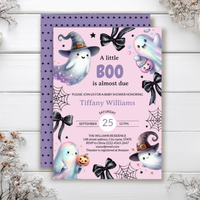 Un poco de invitación a Baby Shower | Fantasma Cut (A little BOO is almost due — pastel ghost baby shower invite in pink and purple tones)