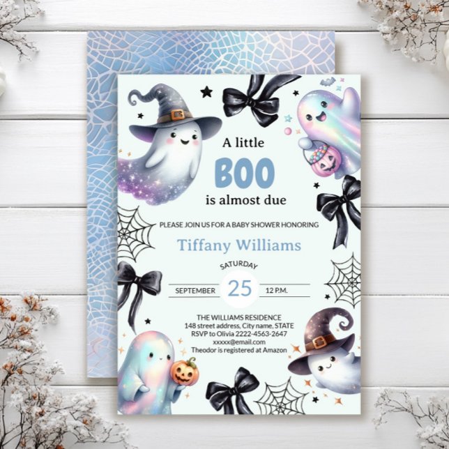 Un poco de invitación a Baby Shower | Fantasma Cut (A little BOO is almost due — ghost baby shower invite in blue color with black bows)
