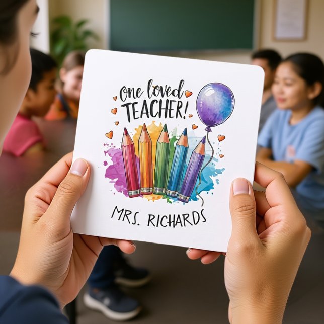 Un profesor querido colorido bolígrafos Personaliz (One Loved Teacher colourful pens Personalised Cards)