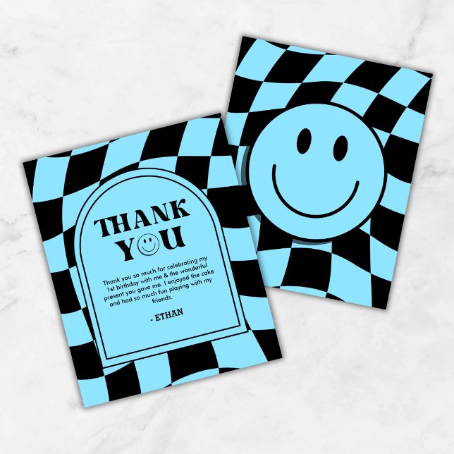 Un tipo feliz BlueBoy primer cumpleaños Tarjeta de (Budget One Happy Dude Blue Boy 1st Birthday Thank You Card  )