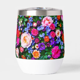 Un vaso térmico para vino con flores brillantes