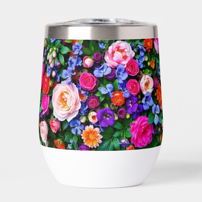 Un vaso térmico para vino con flores brillantes (Frente)
