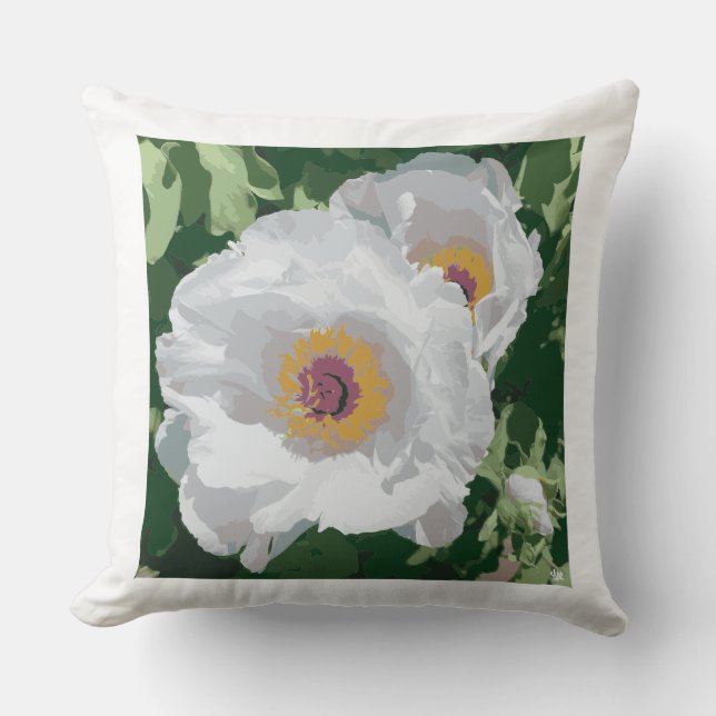 Una alegre peonía blanca en la almohada de tiro. (Anverso)