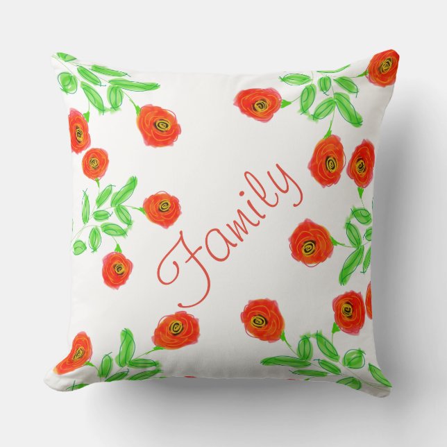 Una almohada artística con flores rojas impresa (Anverso)