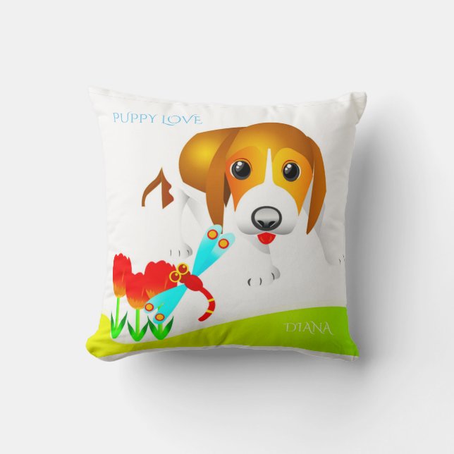 Una almohada de manzana "Amor Cachorro" con nombre (Anverso)