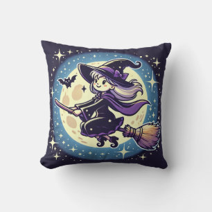 Una almohada donde una bruja vuela bajo la luna