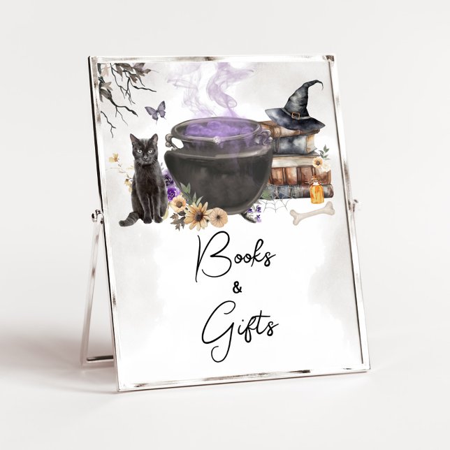 Una Bebé se está Elaborando Señal de Libros y Rega (Purple Witch Cauldron Baby Shower Books and Gifts Sign)