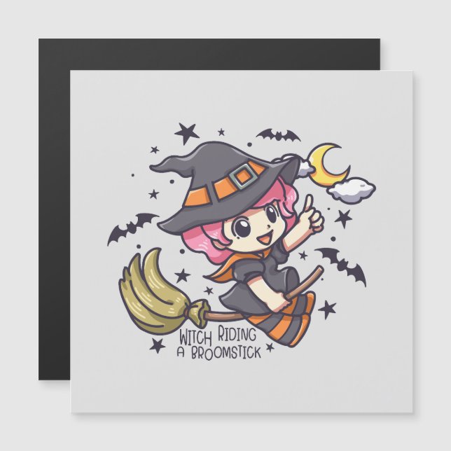 Una Bruja Cuta Viajando A Un Broomstick (Anverso/Reverso)