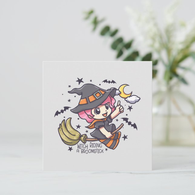 Una Bruja Cuta Viajando A Un Broomstick (Anverso de pie)