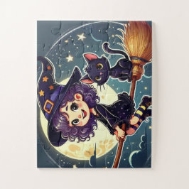 Una bruja y un gato en un rompecabezas de escoba