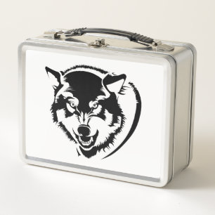 Una caja de lunch de metal con cabeza de lobo
