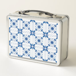 Una caja de lunch de metal con un azul y blanco