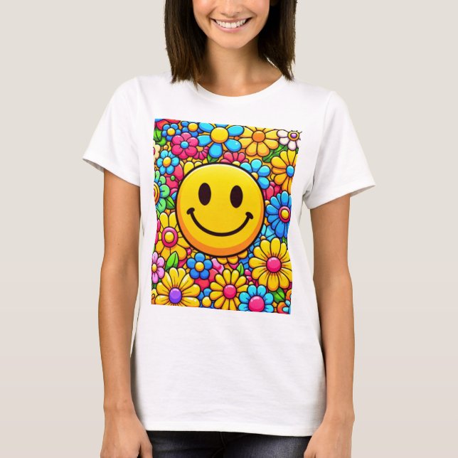 Una camiseta brillante con cara sonriente y estamp (Anverso)
