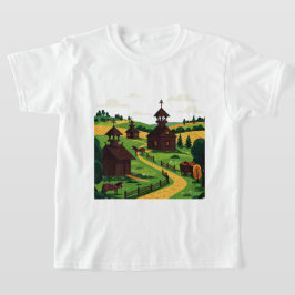Una camiseta de una aldea dibujada en estilo de il