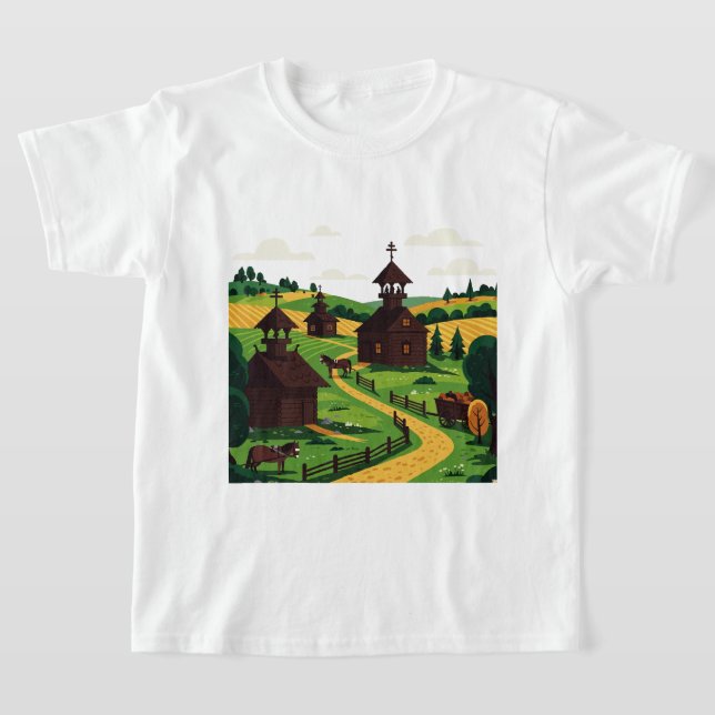 Una camiseta de una aldea dibujada en estilo de il (Distribución)