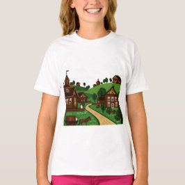 Una camiseta de una aldea dibujada en un estilo de