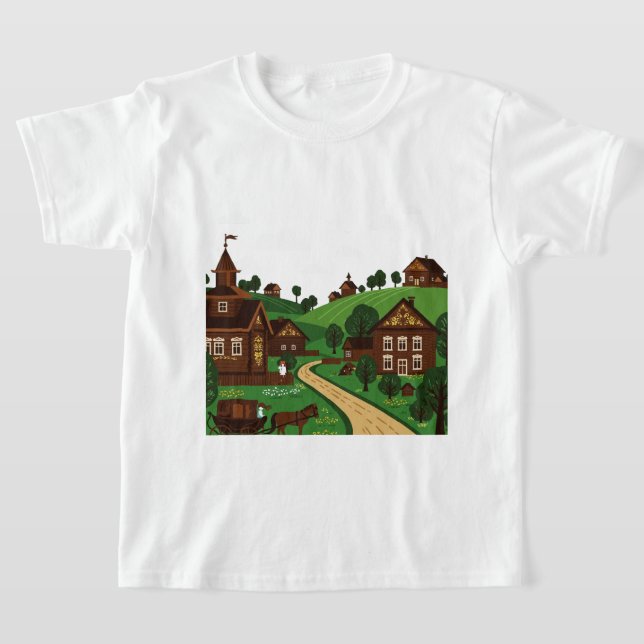 Una camiseta de una aldea dibujada en un estilo de (Distribución)