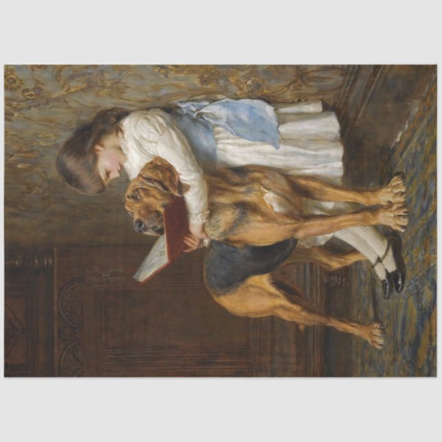 Una chica y su perro leyendo papel descatalogado (Anverso)