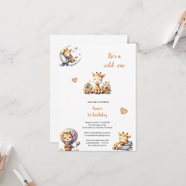 UNA ELEGANTE INVITACIÓN DE CUMPLEAÑOS DE GIRAFFE (Anverso/Reverso In Situ)