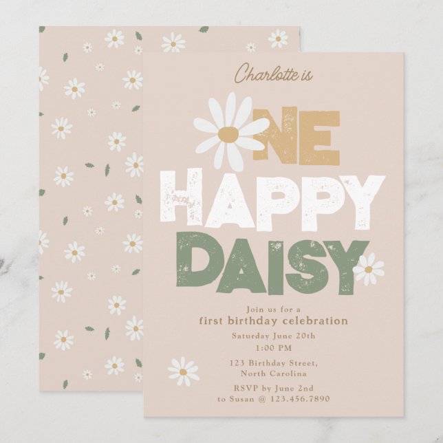 Una Feliz Daisy Invitación 1er Primer Cumpleaños L (Anverso / Reverso)