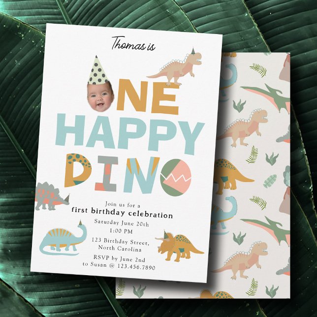 Una Feliz Invitación de Dino Dinosaurio para Cumpl (One Happy Dino Dinosaur Invite 1st Birthday Photo)