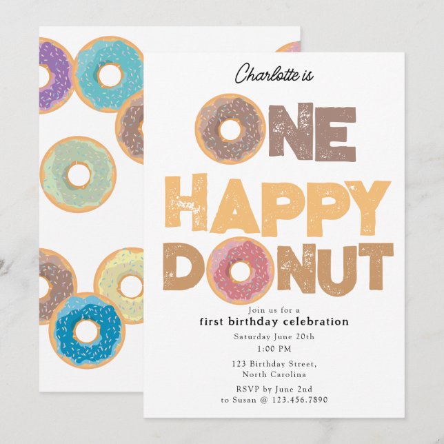 Una Feliz Invitación de Donut 1er Primer Cumpleaño (Anverso / Reverso)