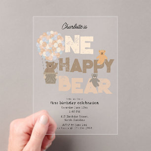Una feliz invitación de oso 1er cumpleaños Cute