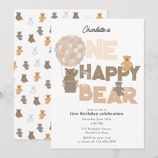 Una Feliz Invitación de Oso 1er  Primer Cumpleaños (Anverso / Reverso)