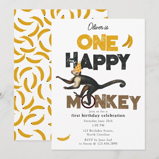 Una feliz invitación linda de mono para 1er cumple (Anverso / Reverso)