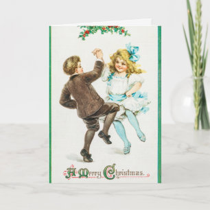 Una Feliz Navidad - tarjeta antigua, niños bailand