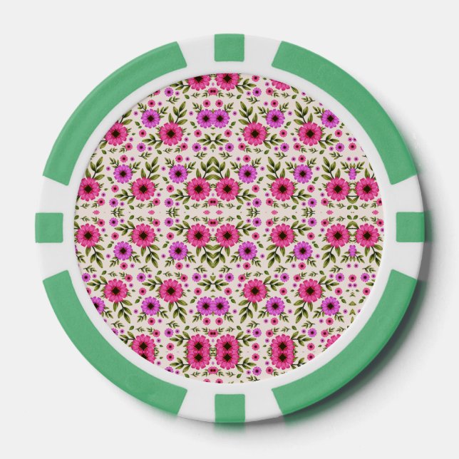 Una ficha de póquer con un patrón floral en rosa  (Anverso)