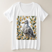 Una gaviota de California rodeada de flores de lir