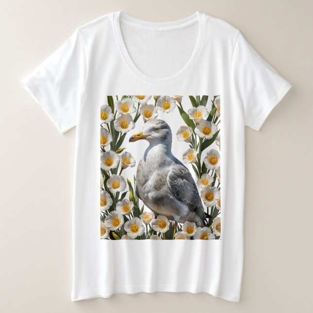 Una gaviota de California rodeada de flores de lir (Anverso del diseño)
