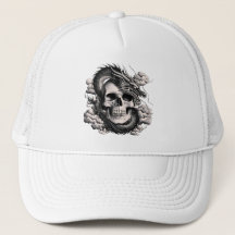 Una gorra de camionero de calavera y dragón