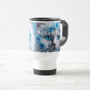 Una gran taza de viaje y maneja un gato colorido c