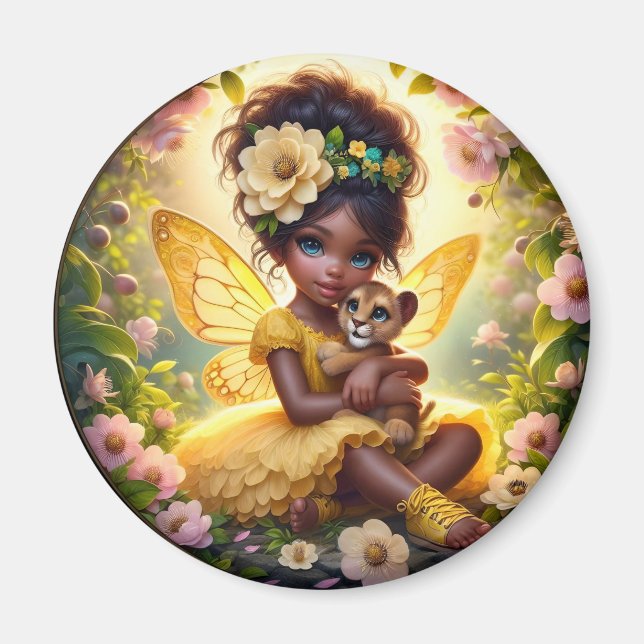 Una hada y su cachorro de león - Amarillo - imán (Frente)