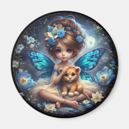 Una hada y su cachorro de león - imán azul