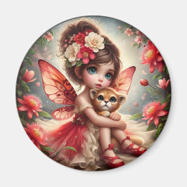 Una hada y su cachorro de león - imán rojo