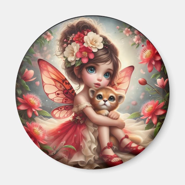 Una hada y su cachorro de león - imán rojo (Frente)