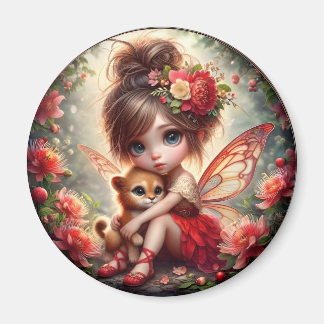 Una hada y su cachorro de león - imán rojo (Frente)